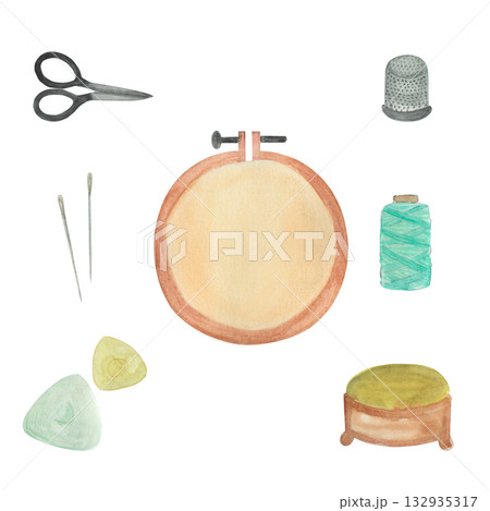 Watercolor illustration of a sew kit. Suitable for a studio or school, as well as for a designer. Embroidery Watercolor illustration of a sew kit. Suitable for a studio or school, as well as for a designer. Embroidery 132935317