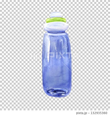 Blue water bottle watercolor illustration 132935360