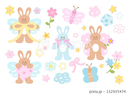 Cute vector illustrations of pastel bunny with butterfly wings, stars, flowers for animal decoration, rabbit cartoon, happy easter, pet shop, vet, characters, comic, mascot, patch, brooch, nature, zoo 132935474