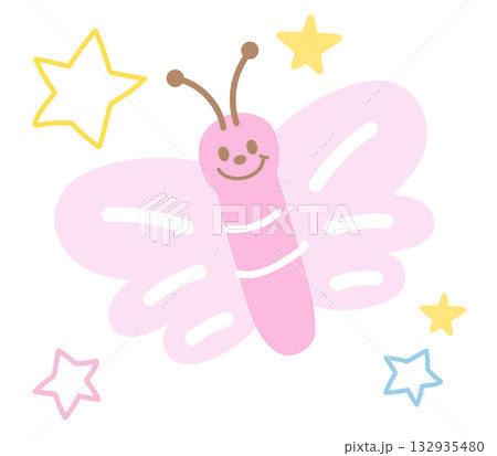 Cute illustration of pink butterfly and stars for animal decoration, insect, cartoon, characters, comic, mascot, patch, brooch, plush toy, kid doll, nature, garden, flowers, floral print, blooming 132935480