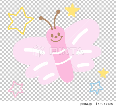 Cute illustration of pink butterfly and stars for animal decoration, insect, cartoon, characters, comic, mascot, patch, brooch, plush toy, kid doll, nature, garden, flowers, floral print, blooming 132935480