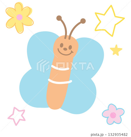 Cute illustration of pastel butterfly, stars, flowers for animal decoration, insect, cartoon, characters, comic, mascot, patch, brooch, plush toy, kid doll, nature, garden, floral print, blooming 132935482