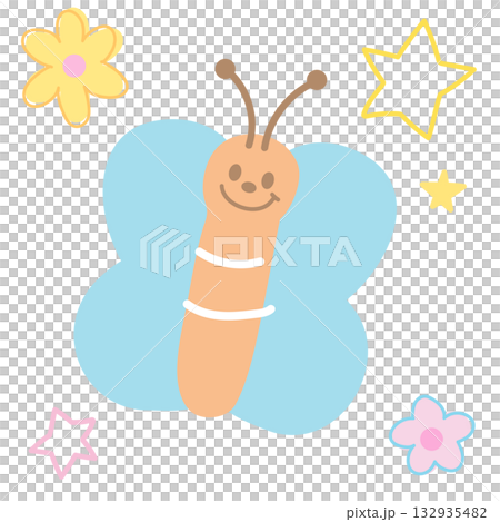 Cute illustration of pastel butterfly, stars, flowers for animal decoration, insect, cartoon, characters, comic, mascot, patch, brooch, plush toy, kid doll, nature, garden, floral print, blooming 132935482