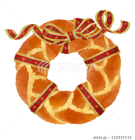 手作りリースパン_クリスマスリースのおしゃれな飾り_赤いリボン_クレヨンタッチ 132935515