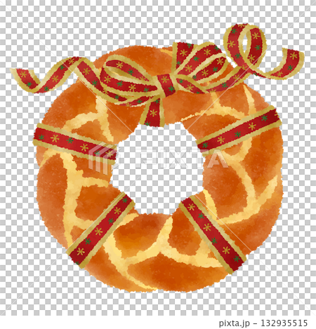 手作りリースパン_クリスマスリースのおしゃれな飾り_赤いリボン_クレヨンタッチ 132935515