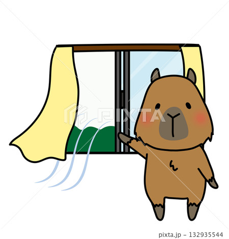 窓を開けて換気をするカピバラ 132935544