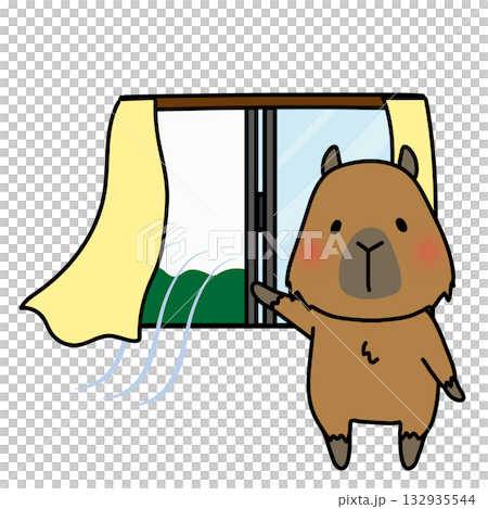 窓を開けて換気をするカピバラ 132935544