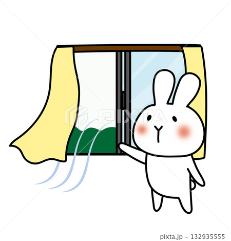 窓を開けて換気をする白いうさぎ 132935555
