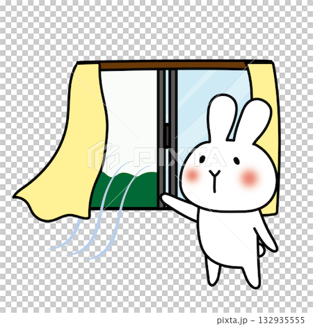窓を開けて換気をする白いうさぎ 132935555