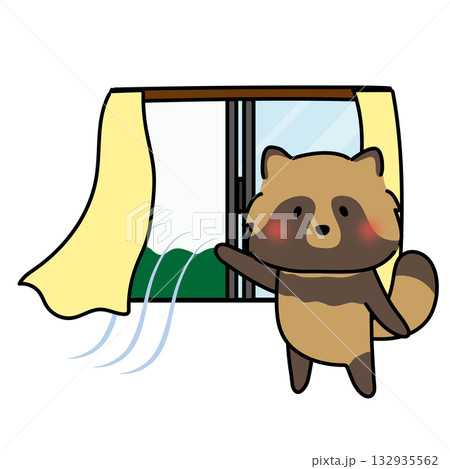 窓を開けて換気をするタヌキ 窓を開けて換気をするタヌキ 132935562