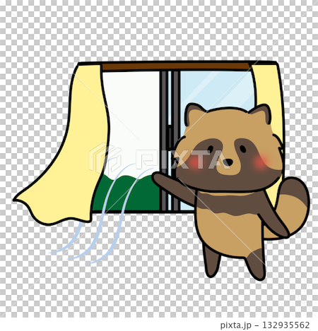 一隻浣熊打開窗戶通風。 一隻浣熊打開窗戶通風。 132935562