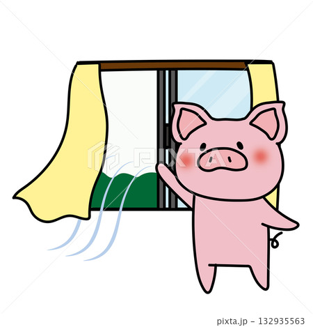 窓を開けて換気をするぶた 132935563