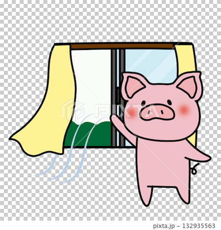 窓を開けて換気をするぶた 132935563