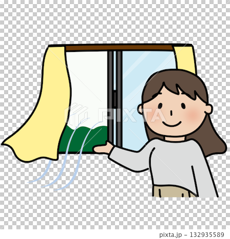 Woman opening a window and ventilating Woman opening a window and ventilating 132935589