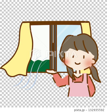 A female nursery teacher opens the window to ventilate 132935592