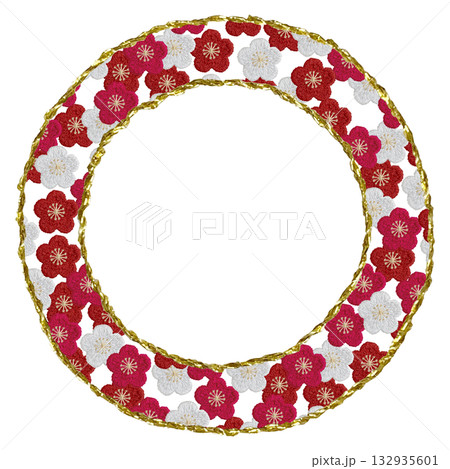 【梅の花と金色丸枠】手刺繍イラスト素材 132935601