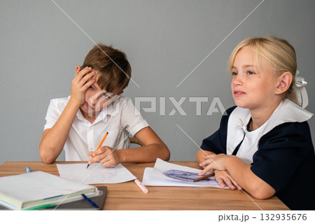 Children School Homework Boy Girl Studying 132935676