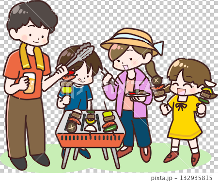 一家人在戶外烤肉的插圖 132935815