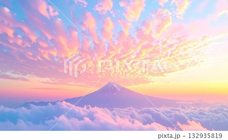 富士山と秋の夕焼けとうろこ雲  マジックアワーの空模様  秋空 132935819