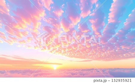 秋の夕焼けとうろこ雲と雲海の空撮  マジックアワーの空模様  秋空 132935921