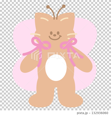 Cute illustration of cat with butterfly wing, ribbon for animal decoration, insect, kitten cartoon, cat drawing, pet shop, vet, characters, comic, mascot, patch, brooch, foster home, adopt cat, nature 132936060