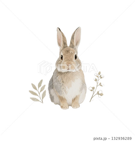 水彩 アンティーク ボタニカル風 うさぎ イラスト AI 水彩 アンティーク ボタニカル風 うさぎ イラスト AI 132936289