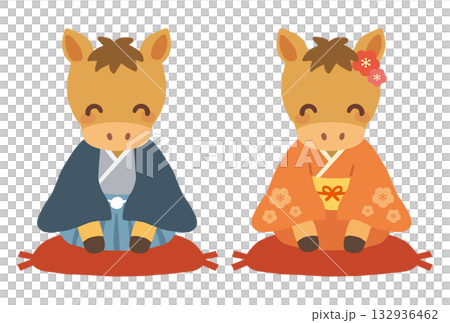 馬年新年插畫:身著和服的男女 馬年新年插畫:身著和服的男女 132936462