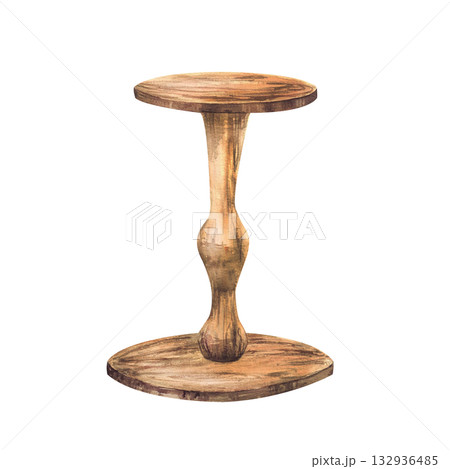 Wooden cake stand. Vintage realistic hand drawn watercolor brown round wood texture table for bakery desserts menu, cafe, festive decor, wedding, birthday or holiday party. isolated from background 132936485