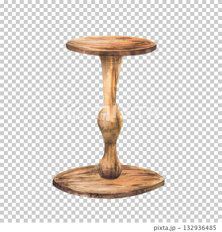 Wooden cake stand. Vintage realistic hand drawn watercolor brown round wood texture table for bakery desserts menu, cafe, festive decor, wedding, birthday or holiday party. isolated from background 132936485