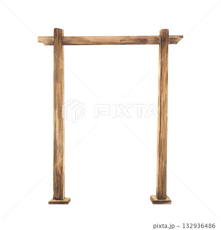 Wooden square arch watercolor illustration. Hand drawn wedding arches with wood texture isolated from background. Rustic brown natural design, festive ceremony, party decoration. Hand drawn clipart 132936486