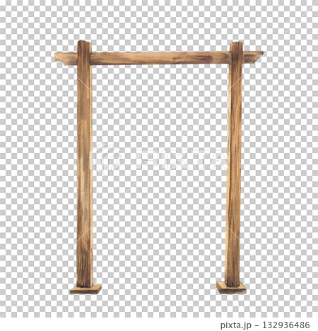 Wooden square arch watercolor illustration. Hand drawn wedding arches with wood texture isolated from background. Rustic brown natural design, festive ceremony, party decoration. Hand drawn clipart 132936486