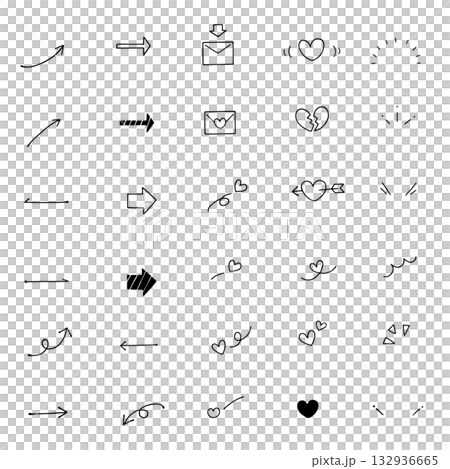 Hand-drawn arrow, heart, email, and manga symbol icon set. Simple black and white illustration material. 132936665