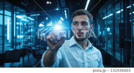 The Future of Work A businessman in a modern corporate setting interacts with a transparent holographic screen, adjusting financial charts 132936803