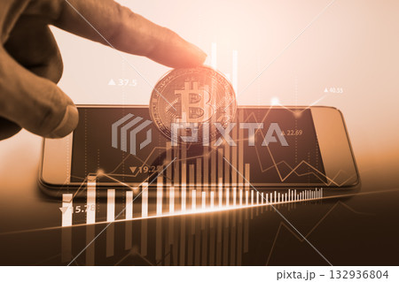 Modern way of exchange. Bitcoin is convenient payment in global economy market. Virtual digital currency and financial investment trade concept. Abstract cryptocurrency with gold bitcoin background. 132936804