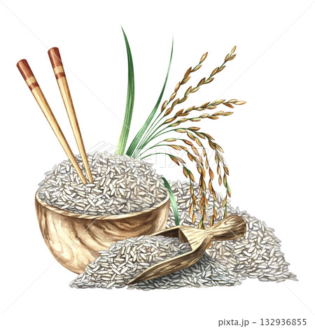 Wooden dishes with rice and rice stalks. Hand-drawn watercolor illustration. Used for menu design, recipes, and cookbooks. Used for banners, flyers, packaging, labels, and more. 132936855