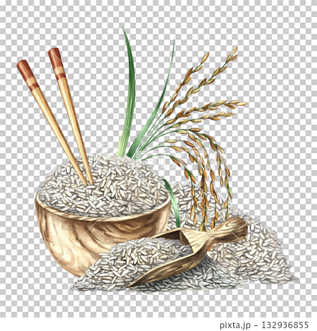 Wooden dishes with rice and rice stalks. Hand-drawn watercolor illustration. Used for menu design, recipes, and cookbooks. Used for banners, flyers, packaging, labels, and more. 132936855