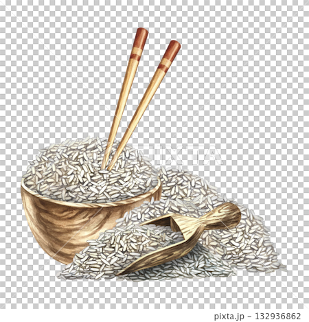 Rice with chopsticks in a wooden bowl, next to a wooden rice paddle. Hand-drawn watercolor illustration. Element of menu design, recipes, and cookbooks. For banners, flyers, packaging, labels and more Rice with chopsticks in a wooden bowl, next to a wooden rice paddle. Hand-drawn watercolor illustration. Element of menu design, recipes, and cookbooks. For banners, flyers, packaging, labels and more 132936862