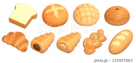 斜めから見た様々な種類のパンの3DCGイラスト。美味しそうな9種類のブレッドのバラエティセット素材 132937063