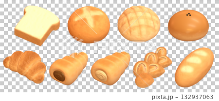 斜めから見た様々な種類のパンの3DCGイラスト。美味しそうな9種類のブレッドのバラエティセット素材 132937063