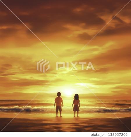 Children Watching Sunset on the Beach with Vibrant Orange Sky and Waves 132937203