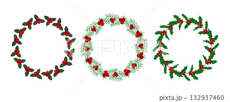 Set Christmas wreaths made of holly, berries, fir branches 132937460