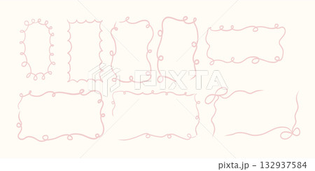 Whimsical doodle line art borders in coquette retro style with wavy ribbon shapes and pink mood. Cute vintage frame collection for invitation card poster or spring event. Whimsical doodle line art borders in coquette retro style with wavy ribbon shapes and pink mood. Cute vintage frame collection for invitation card poster or spring event. 132937584