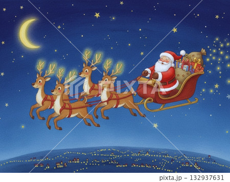 星降る夜にプレゼントを届けるサンタクロース 星降る夜にプレゼントを届けるサンタクロース 132937631