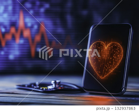 Heartbeat Visualization on Smartphone Screen with Abstract Digital Design Heartbeat Visualization on Smartphone Screen with Abstract Digital Design 132937863