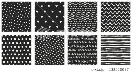 Hand-drawn dark seamless patterns with brush-painted waves, zigzags, polka dots Hand-drawn dark seamless patterns with brush-painted waves, zigzags, polka dots 132938057