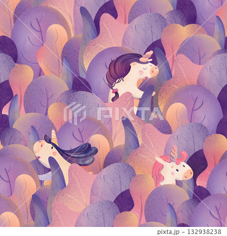 Seamless purple bush pattern with unicorns and sunset glow. Cute kids watercolor repeat for fabric, wallpaper, nursery decor, planner, art for kids, perfect for stationary designs, printable Seamless purple bush pattern with unicorns and sunset glow. Cute kids watercolor repeat for fabric, wallpaper, nursery decor, planner, art for kids, perfect for stationary designs, printable 132938238