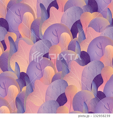 Seamless purple bush pattern with sunset glow. Cute kids watercolor repeat for fabric, wallpaper, nursery decor, planner, art for kids, perfect for stationary designs, printable 132938239
