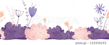 Seamless purple bush pattern with herbs and sunset glow. Cute kids watercolor repeat for fabric, wallpaper, nursery decor, planner, art for kids, perfect for stationary designs, printable Seamless purple bush pattern with herbs and sunset glow. Cute kids watercolor repeat for fabric, wallpaper, nursery decor, planner, art for kids, perfect for stationary designs, printable 132938243