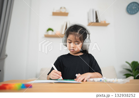 Focused Child Drawing with Headphones in Cozy Indoor Environment, Relaxed Atmosphere, Creative Learning, Arts and Crafts Activity at Home Focused Child Drawing with Headphones in Cozy Indoor Environment, Relaxed Atmosphere, Creative Learning, Arts and Crafts Activity at Home 132938252