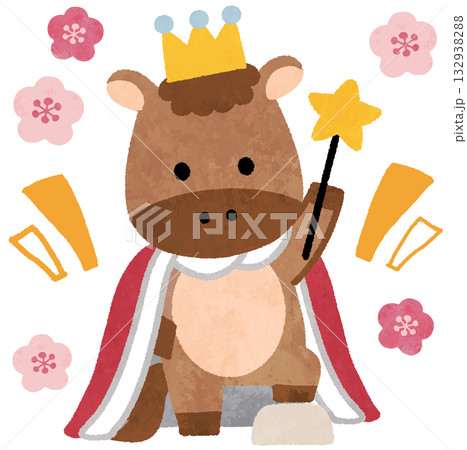 王冠とマントを着たかわいい馬・午年の2026年年賀状アイコンイラスト 王冠とマントを着たかわいい馬・午年の2026年年賀状アイコンイラスト 132938288